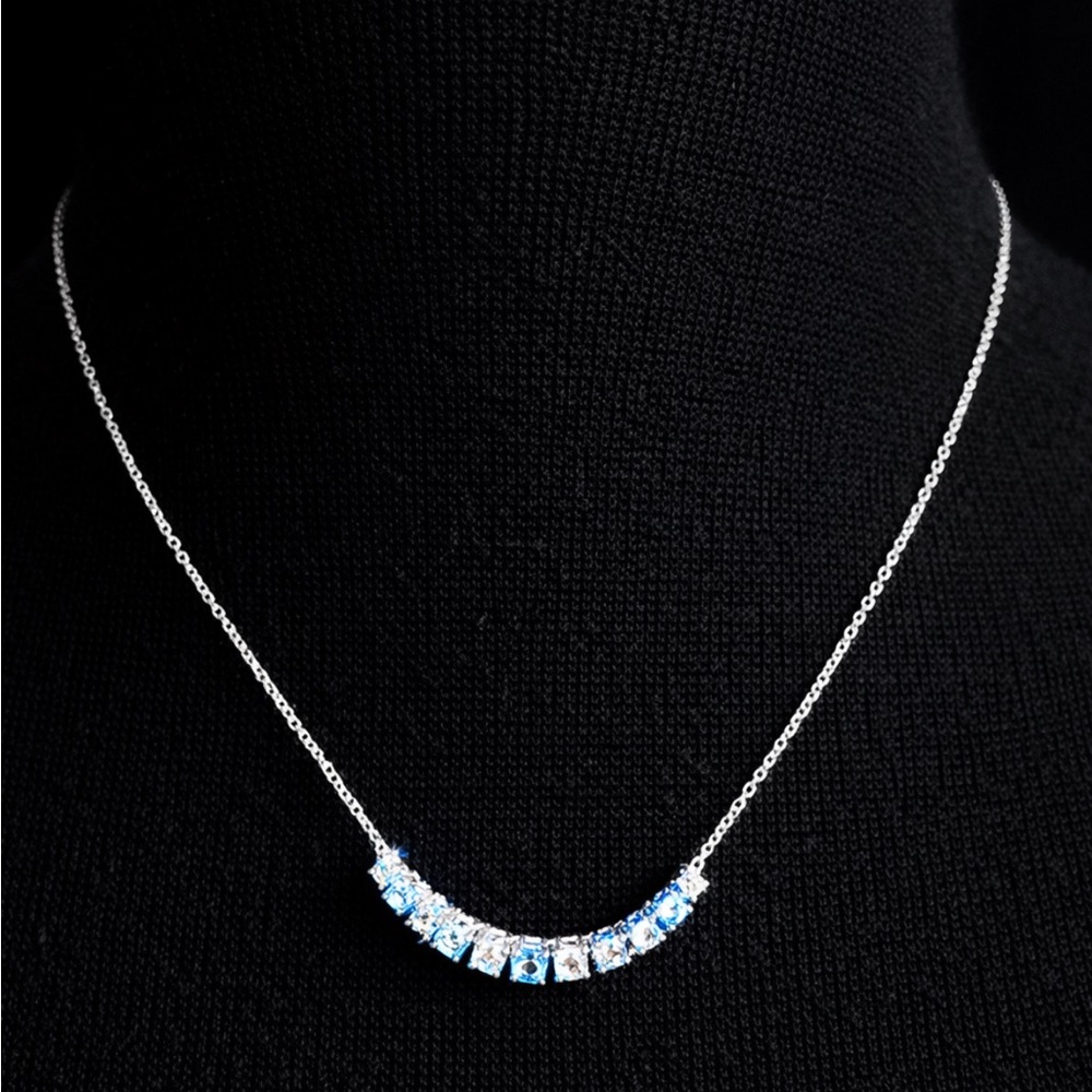 Dainty 925 Silver Minimalist Curved Blue and White Cube Stones 18” Necklace GUC